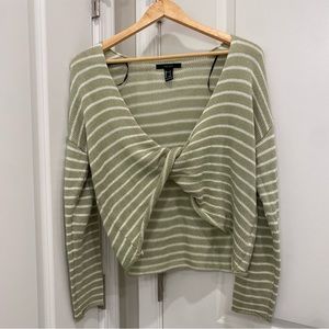Sage Green Forever 21 White Striped Crisscross Sweater
